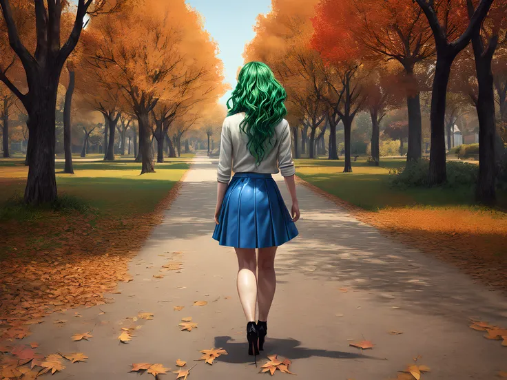 a model shot of woman walking in the park at autumn, a young woman, wearing a (short blue skirt: 1.1), (green hair: 1.1), long hair, wavy hair, high heels, strolling in the park at autumn, a shot from the rear, she is leaving, no looking back, there are le...