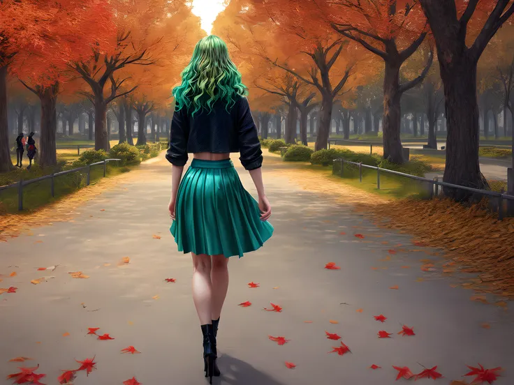 a model shot of woman walking in the park at autumn, a young woman, wearing a (short blue skirt: 1.1), (green hair: 1.1), long hair, wavy hair, high heels, strolling in the park at autumn, a shot from the rear, she is leaving, no looking back, there are le...