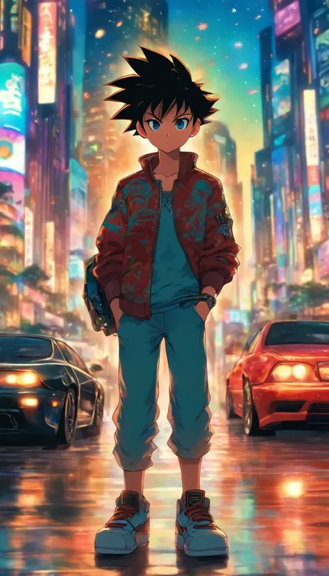 A young boy standing on the side of the street, holding a car key in his hand, looking at a luxury car. His eyes reveal a hint of mischief and playfulness, with busy city streets and tall buildings around him.,in the style of the stars art group xing xing,...