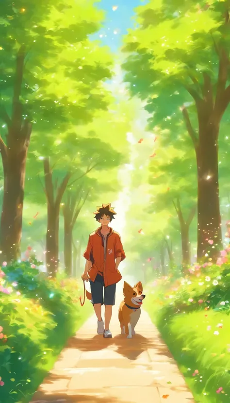 A young man walking on a wide park path, with a small furry dog following behind him, the man smiling and looking relaxed and happy, the park filled with green trees, blooming flowers, and bright sunshine.,in the style of the stars art group xing xing, 32k...