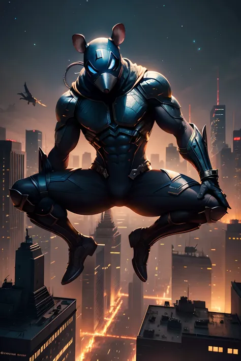 rat mask, marvel style, full body, flying power, night sky, city below, masterpiece, ultra high detail, ultra high quality