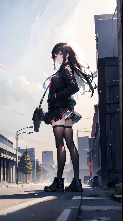 ((masterpiece, best_quality)), 1girl, (photorealistic:1.4),  solo, white_background, black_hair, long_hair, Ruined city background,   zettai_ryouiki, skirt, ((full_body)),