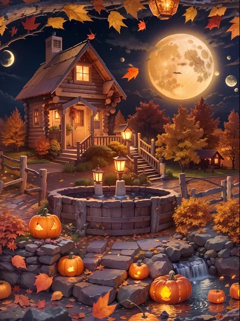 Autumn Scenery, pumpkins night view, full moon, small cabin, falling leaves, Autumn weather, small water fountain, realistic, lantern, fireflames