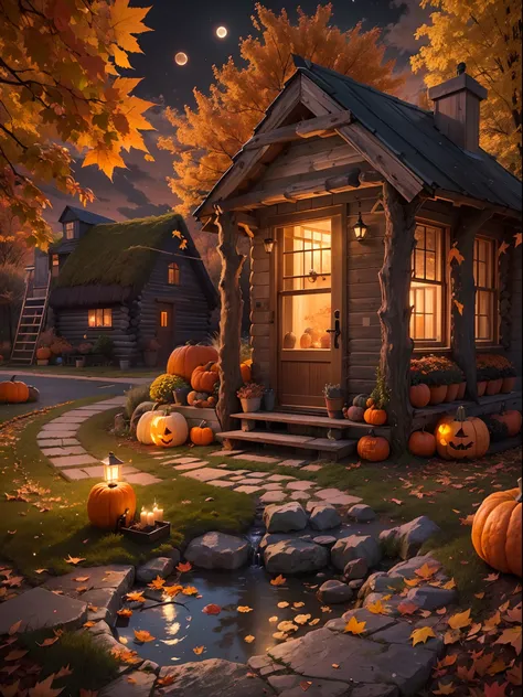 Autumn Scenery, pumpkins night view, full moon, small cabin, falling leaves, Autumn weather, small water fountain, realistic, lantern, fireflames