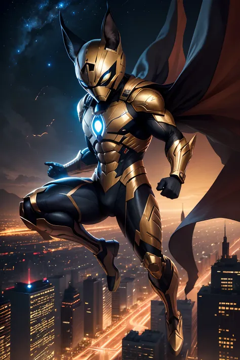 caracal mask, marvel style, full body, flying power, night sky, city below, masterpiece, ultra high detail, ultra high quality