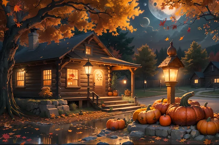 Autumn Scenery, pumpkins night view, full moon, small cabin, falling leaves, Autumn weather, Autumn, water fountain, realistic, lantern, fireflames