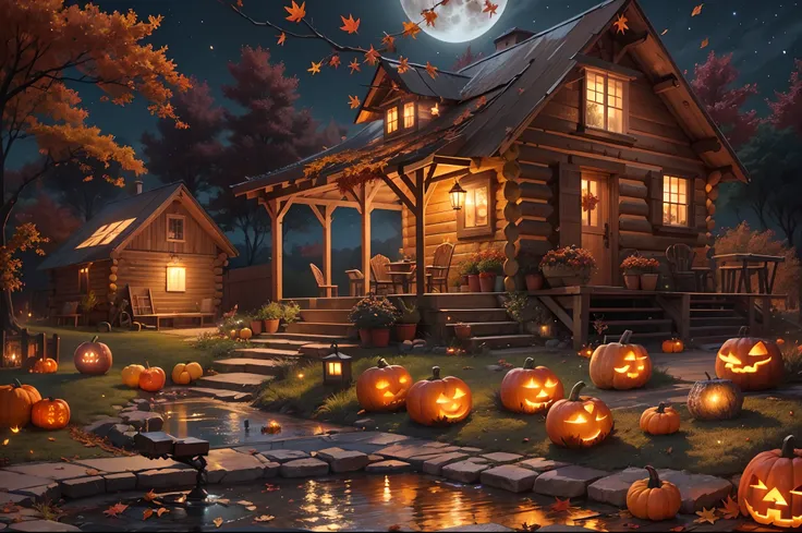 Autumn Scenery, pumpkins night view, full moon, small cabin, falling leaves, Autumn weather, Autumn, water fountain, realistic, lantern, fireflames