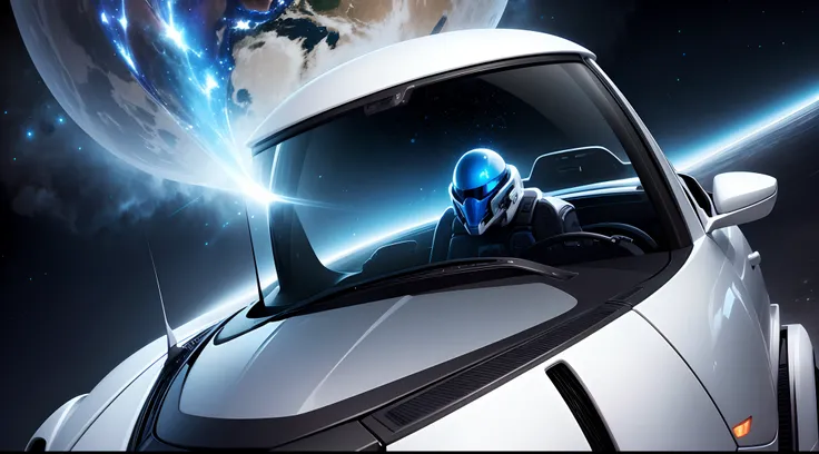 Hyper-detailed image of a white male alien driving a spaceship in a blue foreign galaxy