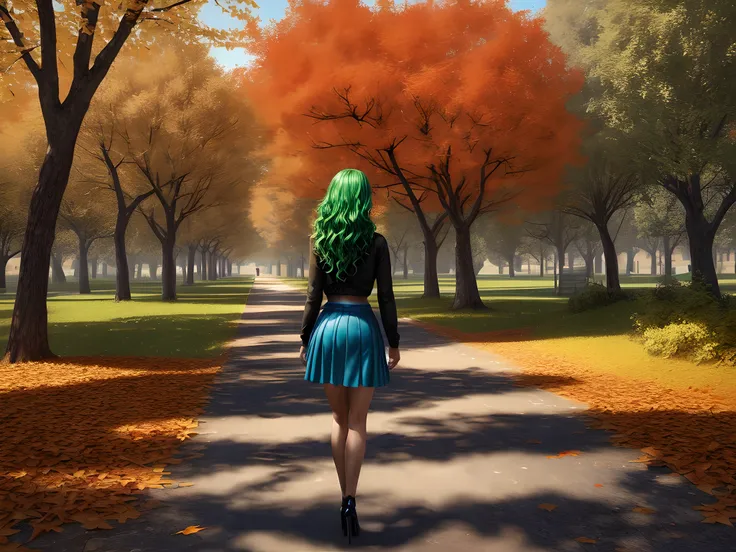 a model shot of woman walking in the park at autumn, a young woman, wearing a (short blue skirt: 1.1), (green hair: 1.1), long hair, wavy hair, high heels, strolling in the park at autumn, a shot from the rear, she is leaving, no looking back, there are le...