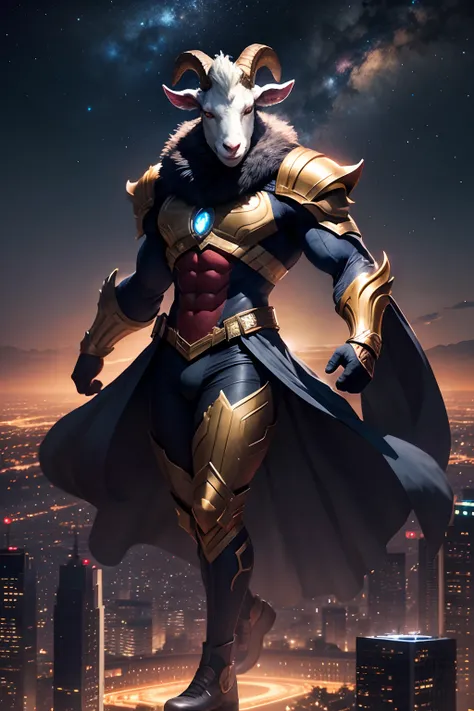 goat mask, marvel style, full body, flying power, night sky, city below, masterpiece, ultra high detail, ultra high quality