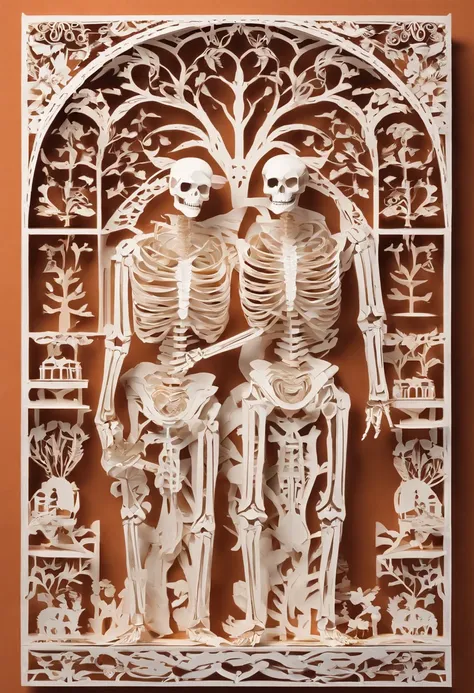 humans and skeletons hugging each other