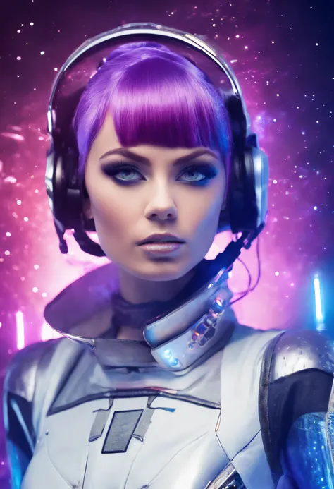 high quality portrait,  RAW photo of young English  woman, Lt Ellis UFO TV series, purple hair bangs, 60s style, retro, silver mesh top, futuristic silver make up, brightly lit moon base command centre background, cumputer boards and communications console...