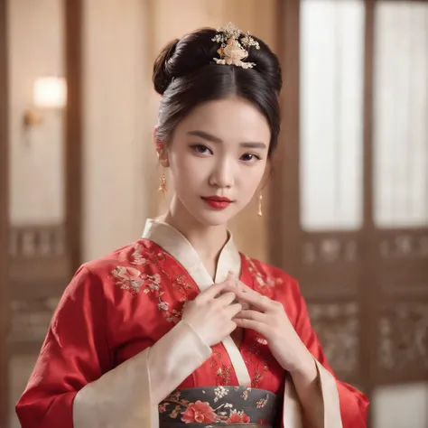 A beautiful young woman dressed in traditional Chinese dress, Stylish living room, photo-realistic techniques, Muzi·. nipple process, 32k ULTRAHD, Sonyan, classical, Historical genre scenes, Serenity Face --AR 69:128 --s 750 --V 5.2