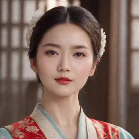 A beautiful young woman dressed in traditional Chinese dress, Stylish living room, photo-realistic techniques, Muzi·. nipple process, 32k ULTRAHD, Sonyan, classical, Historical genre scenes, Serenity Face --AR 69:128 --s 750 --V 5.2