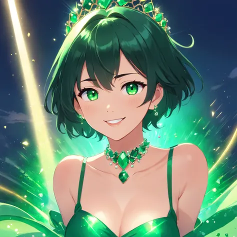 emerald tiara, Green Pearl Necklace, Boyish very short black hair, lipsticks, Japan woman smiling, very short short hair, big breasts beautiful, Green eyes, Long green gloves made of satin material, Green eyes, Emerald Earrings, Green eyes