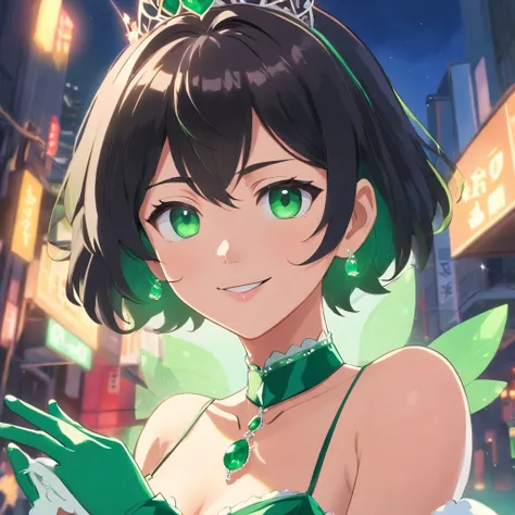 emerald tiara, Green Pearl Necklace, Boyish very short black hair, lipsticks, Japan woman smiling, very short short hair, big breasts beautiful, Green eyes, Long green gloves made of satin material, Green eyes, Emerald Earrings, Green eyes