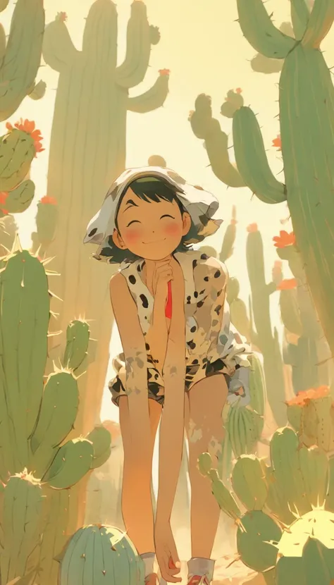 An Asian girl in camisole super shorts in the desert，Japanese manga style，Whitish skin，A large cactus behind the girl，Girl standing in front of giant cactus eating Happy potato chips，Wear a sun hat，Lazy sofa，A band-aid with a cute pattern is attached to th...