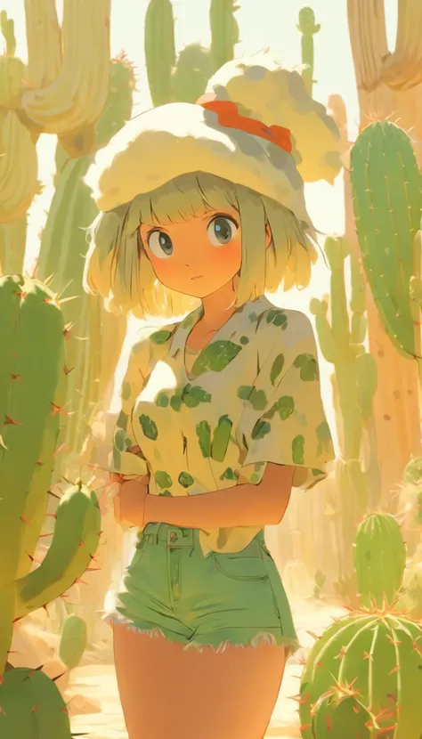 An Asian girl in camisole super shorts in the desert，Japanese manga style，Whitish skin，A large cactus behind the girl，Girl standing in front of giant cactus eating Happy potato chips，Wear a sun hat，Lazy sofa，A band-aid with a cute pattern is attached to th...