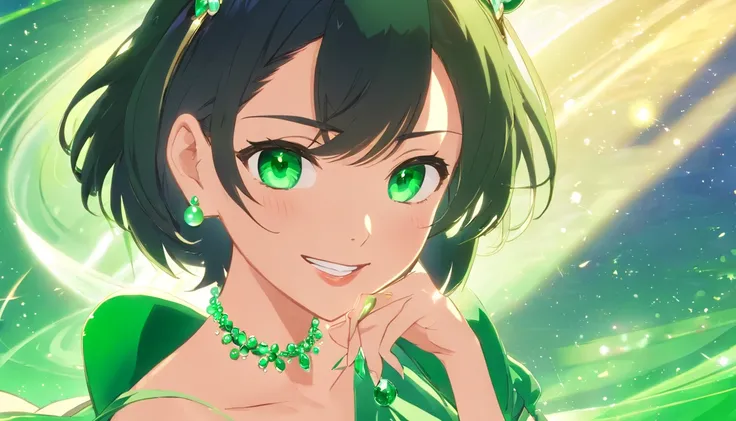 emerald tiara, Green Pearl Necklace, Boyish very short black hair, lipsticks, Japan woman smiling, very short short hair, big breasts beautiful, Green eyes, Long green gloves made of satin material, Green eyes, Emerald Earrings, Green eyes