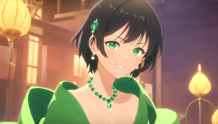 emerald tiara, Green Pearl Necklace, Boyish very short black hair, lipsticks, Japan woman smiling, very short short hair, big breasts beautiful, Green eyes, Long green gloves made of satin material, Green eyes, Emerald Earrings, Green eyes