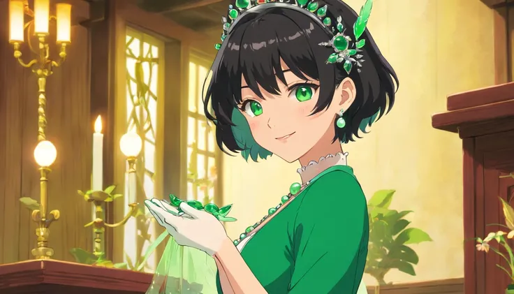 emerald tiara, Green Pearl Necklace, Boyish very short black hair, lipsticks, Japan woman smiling, very short short hair, big breasts beautiful, Green eyes, Long green gloves made of satin material, Green eyes, Emerald Earrings, Green eyes, Green dress, Gr...