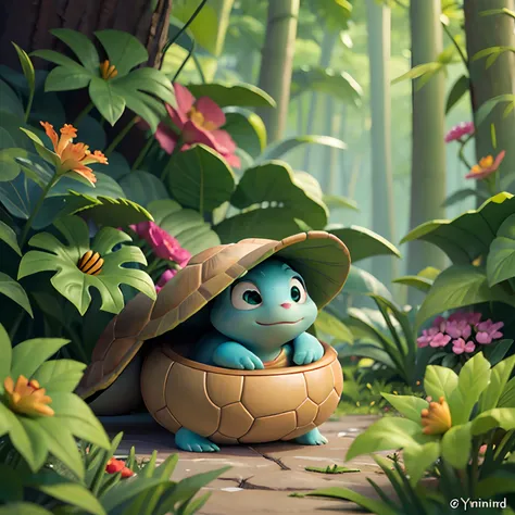 Create a vivid image of Imagine a breathtaking scene in the heart of a lush, emerald forest, where an enchanting creature named Tommy resides. Tommy, a diminutive and bashful turtle, yearns to embark on thrilling escapades that transcend the confines of hi...