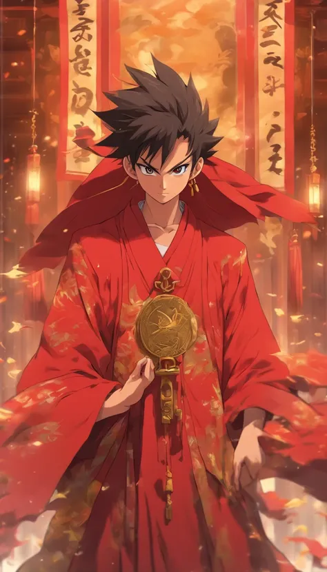 A young man wearing a red robe stands in front of the main hall of the Red Robe Sect, with a helpless and bitter smile on his face. A red flag hangs above the hall, surrounded by a serene and mysterious atmosphere, ,32k, best quality, masterpiece, super de...