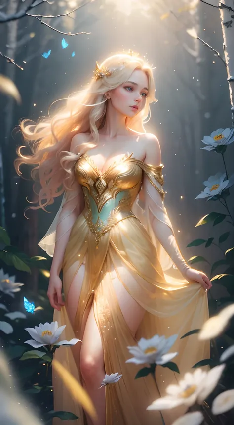 A graceful golden-haired forest queen, dew and frost, bar lighting, stands in a sunlit clearing in winter, her hair cascading down her back, as butterflies and dandelion spores flutter around her, Beautiful Woman full head-to-toe portrait, medium full shot...