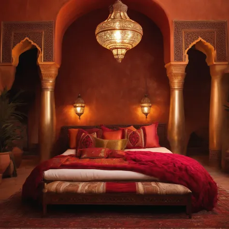 (best quality:1.33), (masterpiece:1.42),(photorealistic:1.3) (detailed:1.15), (Moroccan riad bed), roses all over, romantic, romance, glimmering night, Amazigh pillows, messy blankets, sexy