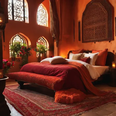 (best quality:1.33), (masterpiece:1.42),(photorealistic:1.3) (detailed:1.15), (Moroccan riad bed), roses all over, romantic, romance, glimmering night, Amazigh pillows, messy blankets, sexy