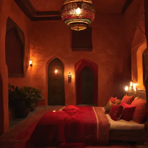 (best quality:1.33), (masterpiece:1.42),(photorealistic:1.3) (detailed:1.15), (Moroccan riad bed), roses all over, romantic, romance, glimmering night, Amazigh pillows, messy blankets, sexy