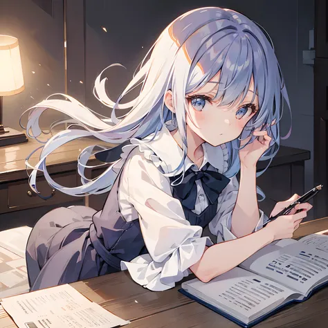 Girl with fountain pen on desk　 summer clothing　school　detaileds　Dramatic Lighting 　Matte texture　Shallow depth of field　pixiv style　high-angle shot　wide angles　cel anime