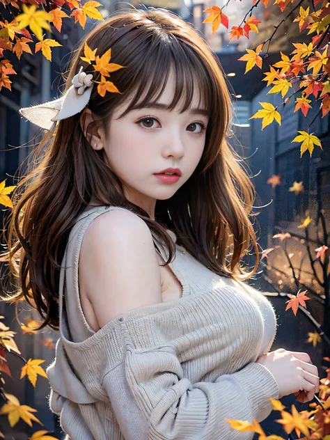 RAW image quality、8K分辨率、Ultra-high-definition CG images、Autumn leaves at night🍁、Moonlight、the blue moon、Cute 15 year old woman、huge tit、Street Fashion、Detailed beautiful eyes、Beautiful beautiful medium hair、Clear skin、Susukihata、depth of fields、masutepiece...