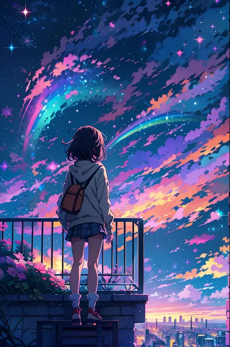 anime girl standing on rooftop looking at night sky with stars and rainbow, rainbow starry night, anime wallpaper 4k, anime wall...