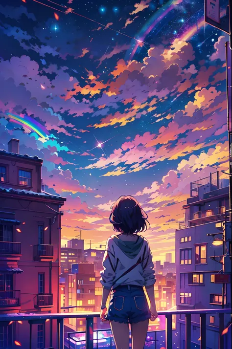 anime girl standing on rooftop looking at night sky with stars and rainbow, rainbow starry night, anime wallpaper 4k, anime wall...