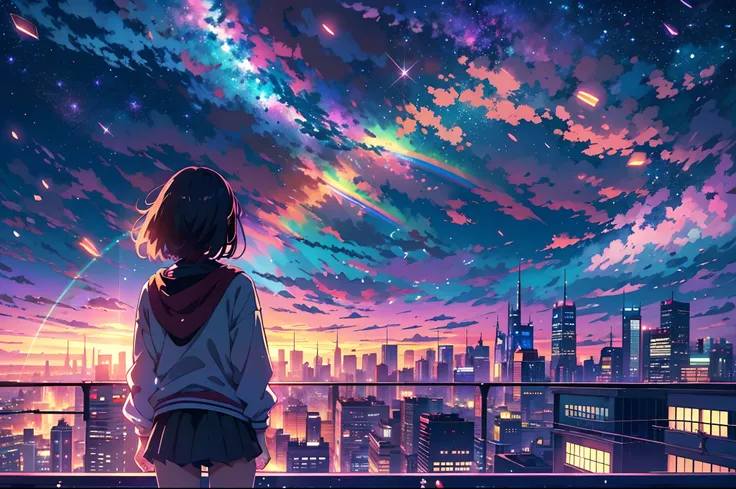 anime girl standing on rooftop looking at night sky with stars and rainbow, rainbow starry night, anime wallpaper 4k, anime wall...