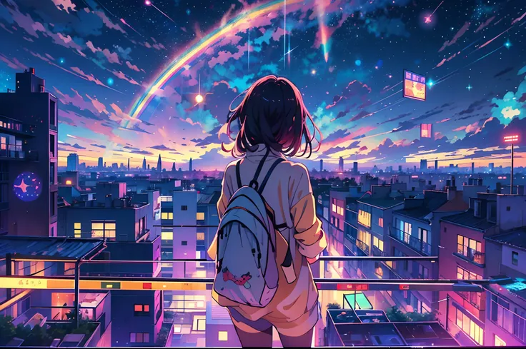 anime girl standing on rooftop looking at night sky with stars and rainbow, rainbow starry night, anime wallpaper 4k, anime wall...