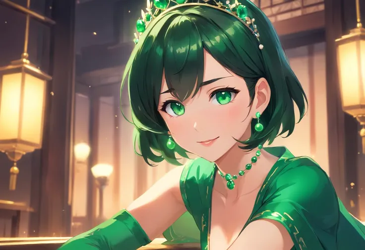 emerald tiara, Green Pearl Necklace, Boyish very short black hair, lipsticks, Japan woman smiling, very short short hair, big breasts beautiful, Green eyes, Long green gloves made of satin material, Green eyes, Emerald Earrings, Green eyes