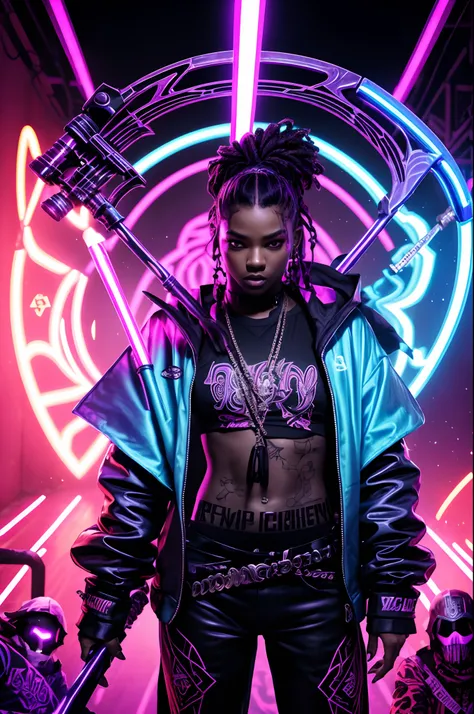 a hip hop rapper star in stylish badass wearing sureal trippy neon psy trance uv led lit back lighting rave robes cocky badass arrogant offensive attitude of superiority girl reaper holding a long scythe gang war