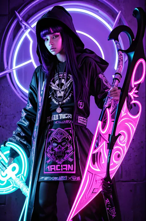 a hip hop rapper star in stylish badass wearing sureal trippy neon psy trance uv led lit back lighting rave robes cocky badass arrogant offensive attitude of superiority girl reaper holding a long scythe gang war