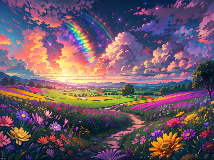 A wide landscape photo, (viewed from below, the sky with rainbow is above, and the open field is below), an anime girl sitting on colorful flowers field looking up, (full moon: 1.2), (rainbow clouds: 0.9), (rainbow: 1.3), distant mountains , shooting stars...