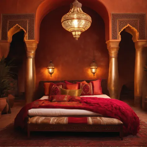 (best quality:1.33), (masterpiece:1.42),(photorealistic:1.3) (detailed:1.15), (Moroccan riad bed), roses all over, romantic, romance, glimmering night, Amazigh pillows, messy blankets, sexy