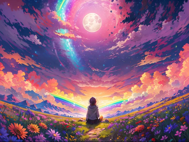 A wide landscape photo, (viewed from below, the sky with rainbow is above, and the open field is below), an anime girl sitting on colorful flowers field looking up, (full moon: 1.2), (rainbow clouds: 0.9), (rainbow: 1.3), distant mountains , shooting stars...