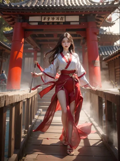 silky long-haired deity, brunette color hair, shrewd eyes, wearing a sexy old martial arts hair outfit, body sexy, large of brea...