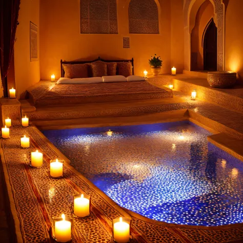 (best quality:1.33), (masterpiece:1.42),(photorealistic:1.3) (detailed:1.15), (riad bed), rose petals, romantic, candles, Moroccan lamps, romance, fountains, glimmering night