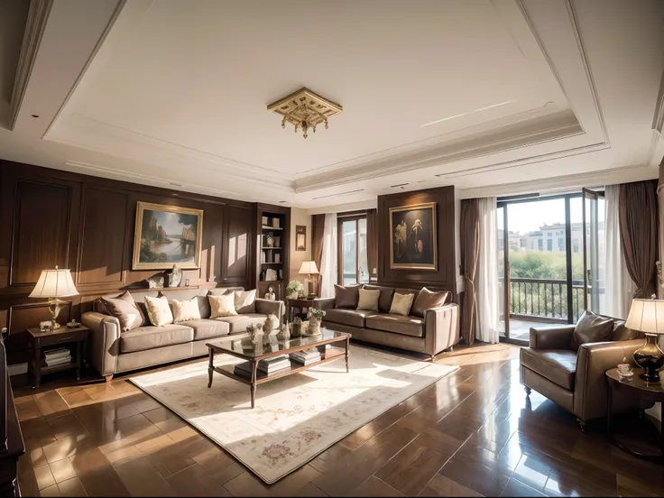 A grand, emotionally charged oil painting hangs from the high ceiling, displaying exquisite texture and lifelike figures meticulously crafted by a master artist. The room is adorned with a plush velvet sofa and cushions, creating a sense of regal luxury. T...