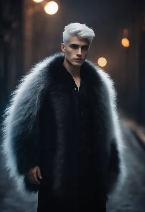 Young man, 20 years old, white hair, two block haircut , shirtless, wearing a black fur coat , reality photo, reality skin, detailed skin, glowing light eyes, Biomechanical, eerie, Creepy, nightmarish, Very bright colors, Light particles, with light glowin...