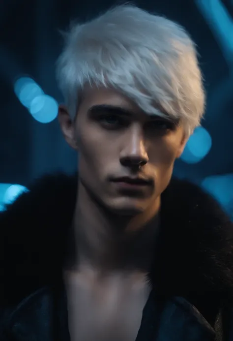 Young man, 20 years old, white hair, two block haircut , shirtless, wearing a black fur coat , reality photo, reality skin, detailed skin, glowing light eyes, Biomechanical, eerie, Creepy, nightmarish, Very bright colors, Light particles, with light glowin...