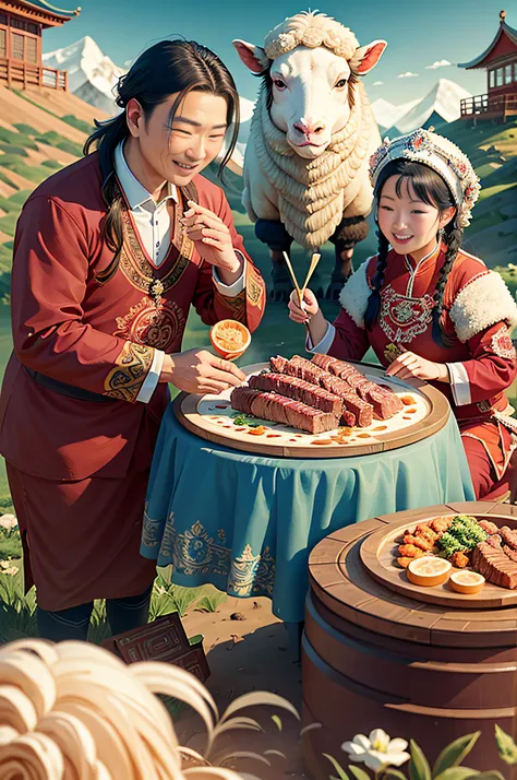 a mongolian couple，happy，glad，eating beef with sauce，sheep，flock，sauce，grass field