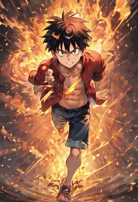 Design an awesome poster，Featuring 5-speed Luffy as the main character "One piece" Cool. Capture the essence of his burning determination and fortitude，Because he unleashed his anger on the enemy. shorten, Bold, And strongly conveys the raw power of Luffys...